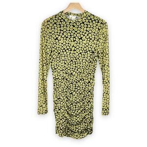 Glamorous NWT Black Multi Floral Mesh Long Sleeved Ruched Mini Dress Women S